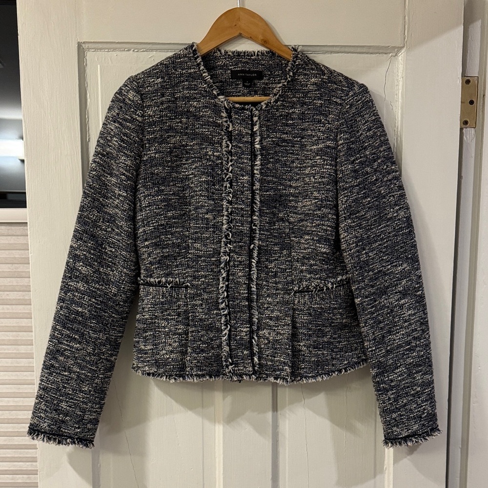 Women's Blue/black/white Tweed Fringe Jacket